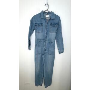 Worthy Threads Denim Jumpsuit M Lt Wash Snap Buttons Elastic Waist Boho Festival